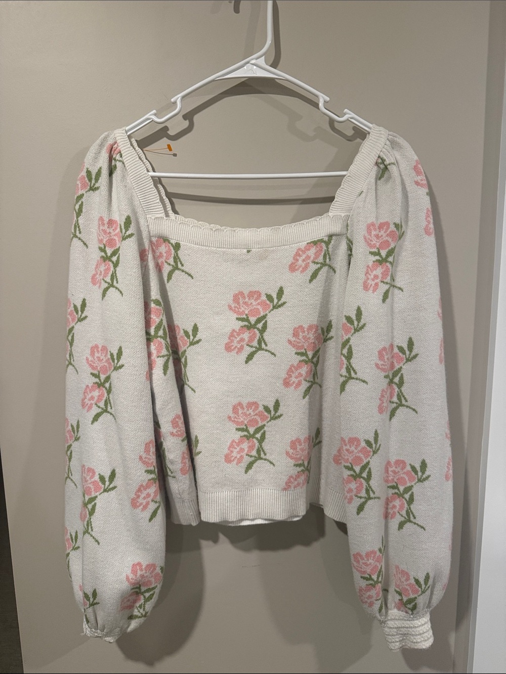 Cream Off-the-Shoulder Floral Sweater with Pink Rose Motif